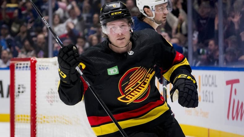 Jan 27, 2024; Vancouver, British Columbia, CAN; Vancouver Canucks forward Brock Boeser (6) celebrates his goal against the Columbus Blue Jackets in the second period at Rogers Arena. Mandatory Credit: Bob Frid-USA TODAY Sports