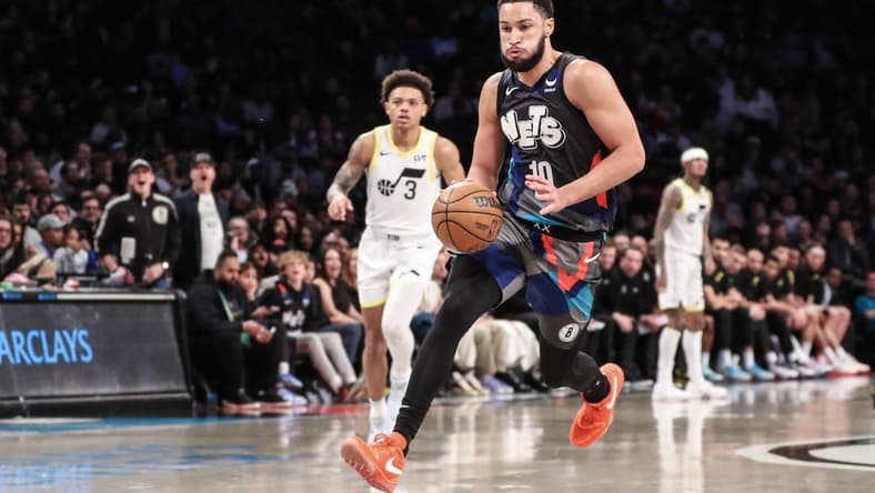 Jan 29, 2024; Brooklyn, New York, USA; Brooklyn Nets guard Ben Simmons (10) brings the ball up court in the third quarter against the Utah Jazz at Barclays Center. Mandatory Credit: Wendell Cruz-USA TODAY Sports