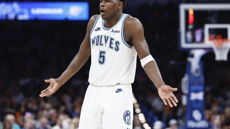 Jan 29, 2024; Oklahoma City, Oklahoma, USA; Minnesota Timberwolves guard Anthony Edwards (5) reacts after a play against the Oklahoma City Thunder during the second half at Paycom Center. Mandatory Credit: Alonzo Adams-USA TODAY Sports