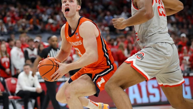 Jan 30, 2024; Columbus, Ohio, USA; Illinois Fighting Illini forward Marcus Domask (3) looks to score as Ohio State Buckeyes forward Zed Key (23) defends during the first half at Value City Arena. Mandatory Credit: Joseph Maiorana-USA TODAY Sports