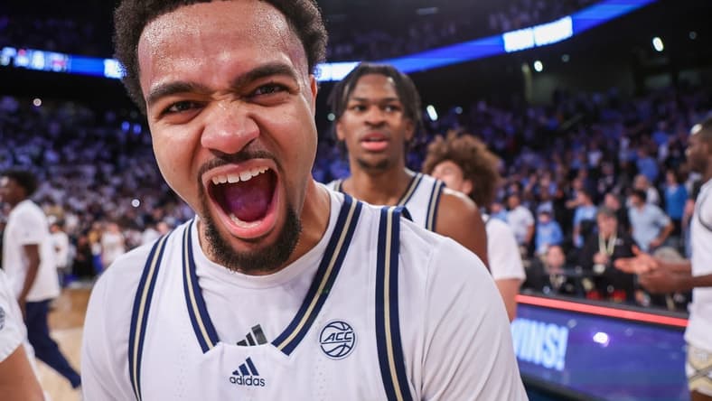 Jan 30, 2024; Atlanta, Georgia, USA; Georgia Tech Yellow Jackets guard Kyle Sturdivant (1) celebrates after a victory against the North Carolina Tar Heels at McCamish Pavilion. Mandatory Credit: Brett Davis-USA TODAY Sports