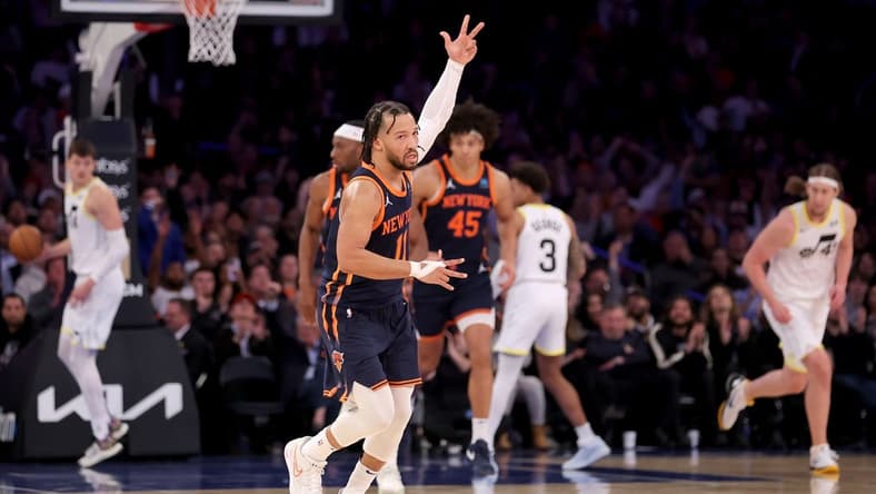 Jan 30, 2024; New York, New York, USA; New York Knicks guard Jalen Brunson (11) celebrates his three point shot against the Utah Jazz during the third quarter at Madison Square Garden. Mandatory Credit: Brad Penner-USA TODAY Sports