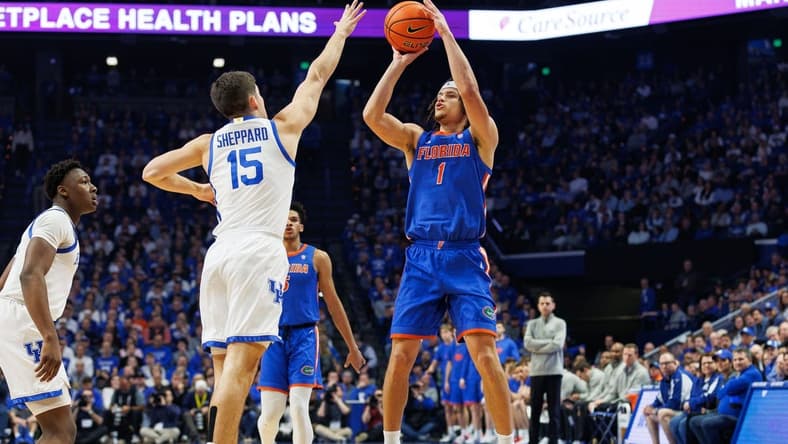 Jan 31, 2024; Lexington, Kentucky, USA; Florida Gators guard Walter Clayton Jr. (1) shoots the ball during the first half against the Kentucky Wildcats at Rupp Arena at Central Bank Center. Mandatory Credit: Jordan Prather-USA TODAY Sports