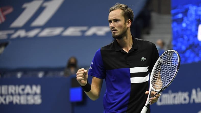 Sep 11 2020; Flushing Meadows, New York,USA; Daniil Medvedev of Russia reacts after winning a point against Dominic Thiem of Austria (not pictured) in a men's singles semi-finals match on day twelve of the 2020 U.S. Open tennis tournament at USTA Billie Jean King National Tennis Center. Mandatory Credit: Danielle Parhizkaran-USA TODAY Sports
