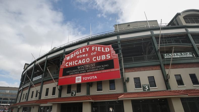 Mar 24, 2021; Chicago, Illinois, USA; A general view of the exterior of Wrigley Field. Mandatory Credit: Kamil Krzaczynski-USA TODAY Sports