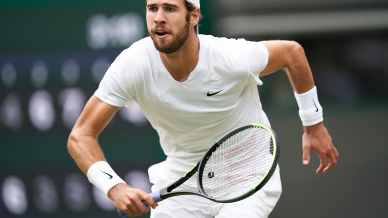Jul 7, 2021; London, United Kingdom; Karen Khachanov (RUS) seen playing Denis Shapovalov (CAN) in the quarter finals at All England Lawn Tennis and Croquet Club. Mandatory Credit: Peter van den Berg-USA TODAY Sports