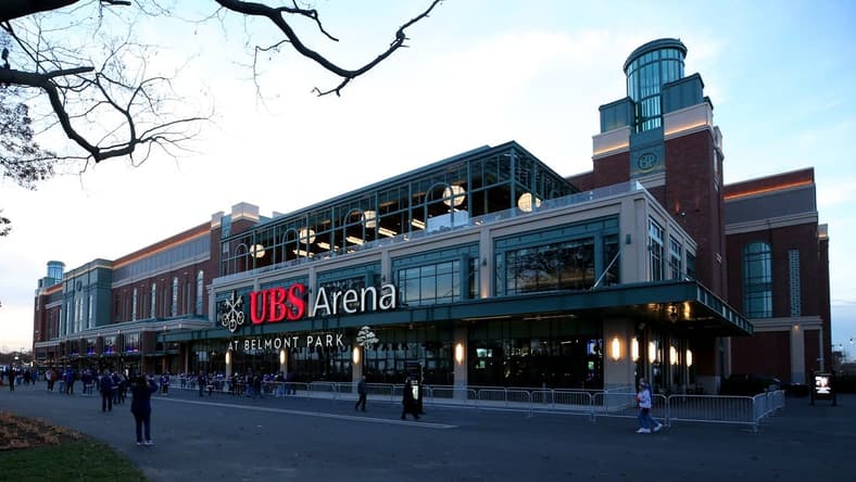 Nov 20, 2021; Elmont, New York, USA; General view of the exterior of the arena before the New York Islanders play the Calgary Flames in the first ever hockey game at UBS Arena. Mandatory Credit: Brad Penner-USA TODAY Sports