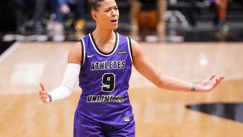 Jan 28, 2022; Las Vegas, Nevada, USA; Team Carrington guard Natasha Cloud (9) reacts to a call by the referee during the second quarter against Team Russell at Athletes Unlimited Arena. Mandatory Credit: Lucas Peltier-USA TODAY Sports