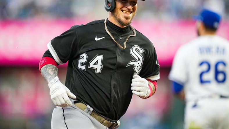May 16, 2022; Kansas City, Missouri, USA; Chicago White Sox catcher Yasmani Grandal (24) reacts after hitting a home run against the Kansas City Royals during the fourth inning at Kauffman Stadium. Mandatory Credit: Jay Biggerstaff-USA TODAY Sports