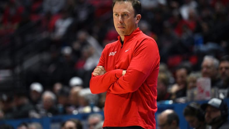 Jan 14, 2023; San Diego, California, USA; New Mexico Lobos head coach Richard Pitino looks on during the first half against the San Diego State Aztecs at Viejas Arena. Mandatory Credit: Orlando Ramirez-USA TODAY Sports