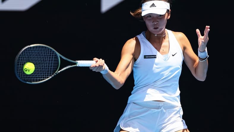 Jan 16, 2023; Melbourne, VICTORIA, Australia; Yue Yuan (China) returns the ball against Maria Sakkari (Greece) (not pictured) at Melbourne Park. Mandatory Credit: Mike Frey-USA TODAY Sports