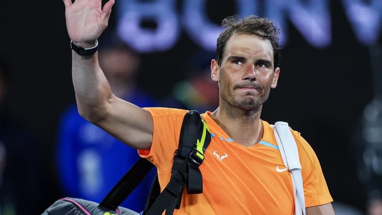Jan 18, 2023; Melbourne, VICTORIA, Australia; Rafael Nadal after his second round match against Mackenzie Mcdonald on day three of the 2023 Australian Open tennis tournament at Melbourne Park. Mandatory Credit: Mike Frey-USA TODAY Sports
