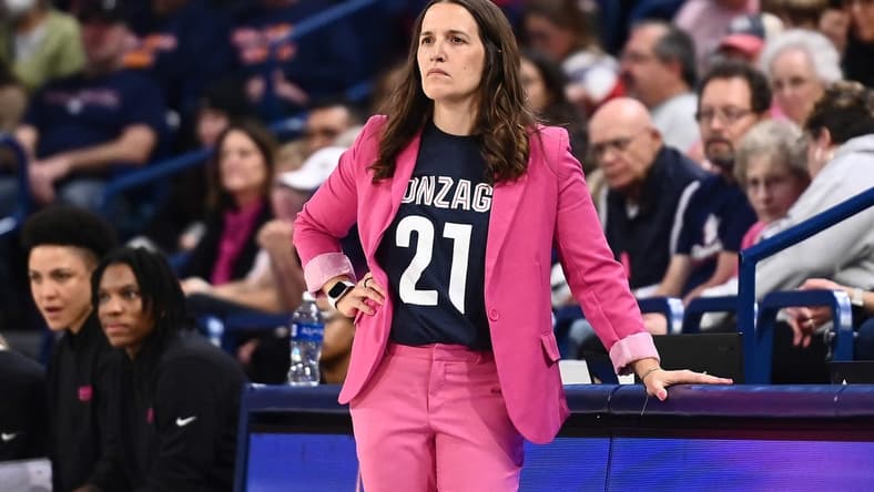 Feb 11, 2023; Spokane, Washington, USA; Gonzaga Bulldogs head coach Lisa Fortier looks on against the Portland Pilots in the first half at McCarthey Athletic Center. Mandatory Credit: James Snook-USA TODAY Sports