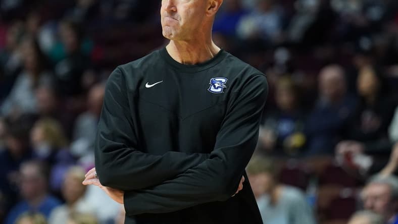 Mar 5, 2023; Uncasville, CT, USA; Creighton Bluejays head coach Jim Flanery watches from the sideline as they take on the Villanova Wildcats at Mohegan Sun Arena. Mandatory Credit: David Butler II-USA TODAY Sports
