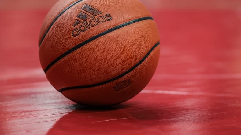 Mar 5, 2023; Piscataway, New Jersey, USA; A view of an adidas game ball on the floor during the second half between the Rutgers Scarlet Knights and the Northwestern Wildcats at Jersey Mike's Arena. Mandatory Credit: Vincent Carchietta-USA TODAY Sports