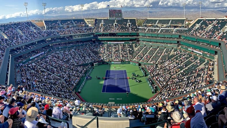 Mar 16, 2023; Indian Wells, CA, USA; General view of stadium court during the quarterfinal match between Jannik Sinner (ITA) and Taylor Fritz (USA) in the BNP Paribas Open at the Indian Wells Tennis Garden. Mandatory Credit: Jayne Kamin-Oncea-USA TODAY Sports