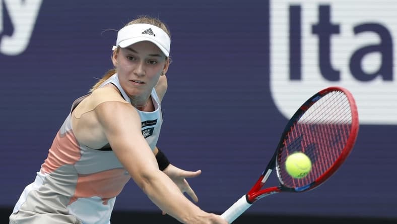 Apr 1, 2023; Miami, Florida, US; Elena Rybakina (KAZ) hits a backhand against Petra Kvitova (CZE) (not pictured) in the women's singles final on day thirteen of the Miami Open at Hard Rock Stadium. Mandatory Credit: Geoff Burke-USA TODAY Sports