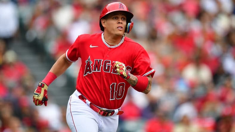 May 28, 2023; Anaheim, California, USA; Los Angeles Angels third baseman Gio Urshela (10) runs after hitting a triple against the Miami Marlins during the second inning at Angel Stadium. Mandatory Credit: Gary A. Vasquez-USA TODAY Sports