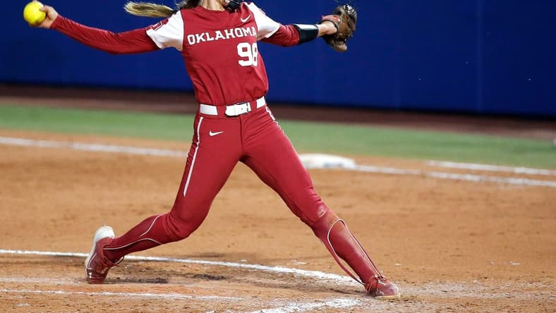 Oklahoma's Jordy Bahl (98) throws a pitch in the seventh inning during the second game of the Women's College World Championship Series between the Oklahoma Sooners and Florida State at USA Softball Hall of Fame Stadium in Oklahoma City, Thursday, June, 8, 2023.