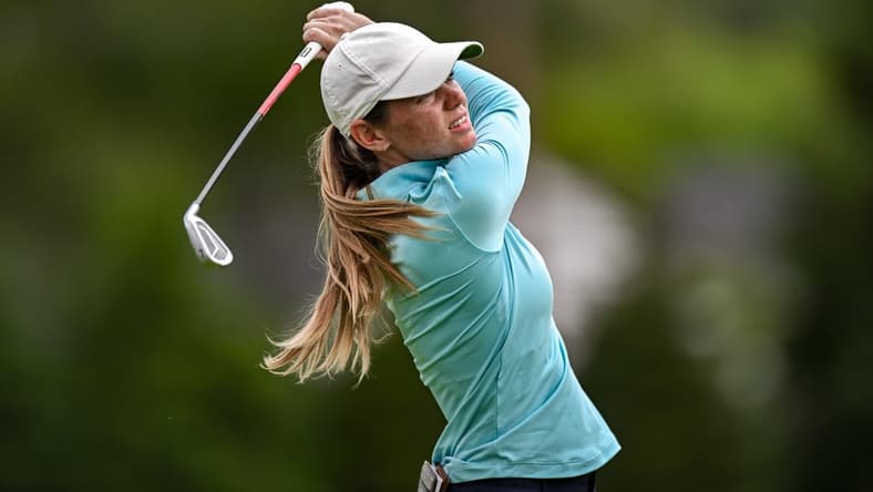 Jun 24, 2023; Springfield, New Jersey, USA; Sarah Schmelzel tees off on the 4th hole during the third round of the KPMG Women's PGA Championship golf tournament. Mandatory Credit: John Jones-USA TODAY Sports