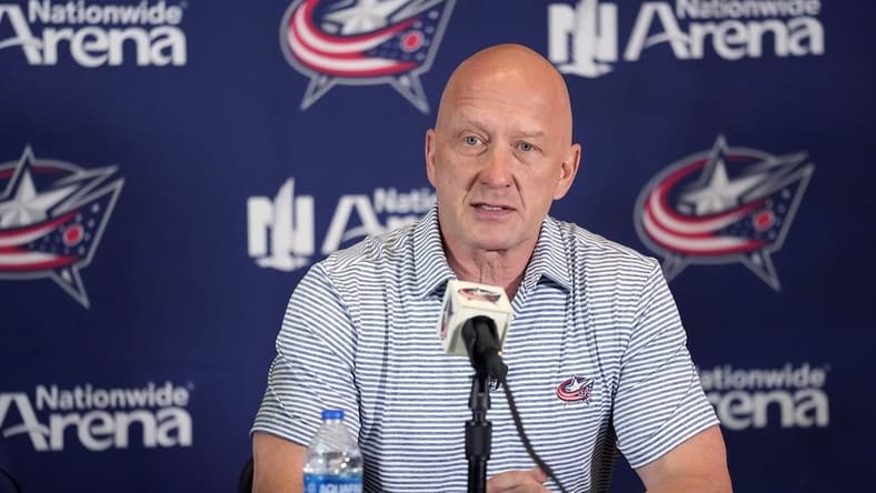 Jul 1, 2023; Columbus, OH, USA; Columbus Blue Jackets General Manager Jarmo Kekalainen speaks after hiring Mike Babcock as the new head coach during a press conference at Nationwide Arena. Mandatory Credit: Kyle Robertson-USA TODAY NETWORK