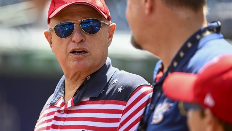 Jul 4, 2023; Washington, District of Columbia, USA; Washington Nationals owner Mark Lerner on the field before the game between the Washington Nationals and the Cincinnati Reds at Nationals Park. Mandatory Credit: Brad Mills-USA TODAY Sports