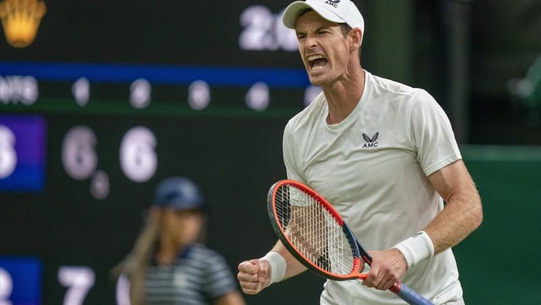 Jul 6, 2023; London, United Kingdom; Andy Murray (GBR) reacts to a point during his match against Stefanos Tsitsipas (GRE) on day four at the All England Lawn Tennis and Croquet Club. Mandatory Credit: Susan Mullane-USA TODAY Sports