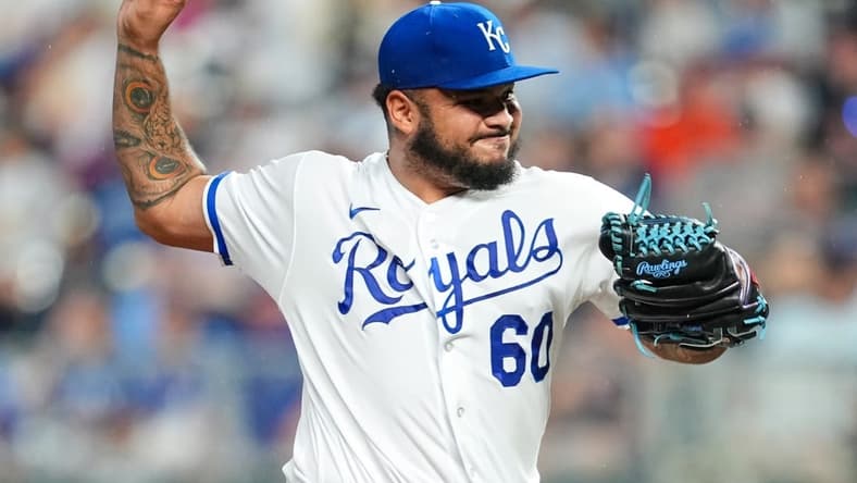 Jul 19, 2023; Kansas City, Missouri, USA; Kansas City Royals relief pitcher Max Castillo (60) pitches during the eighth inning against the Detroit Tigers at Kauffman Stadium. Mandatory Credit: Jay Biggerstaff-USA TODAY Sports