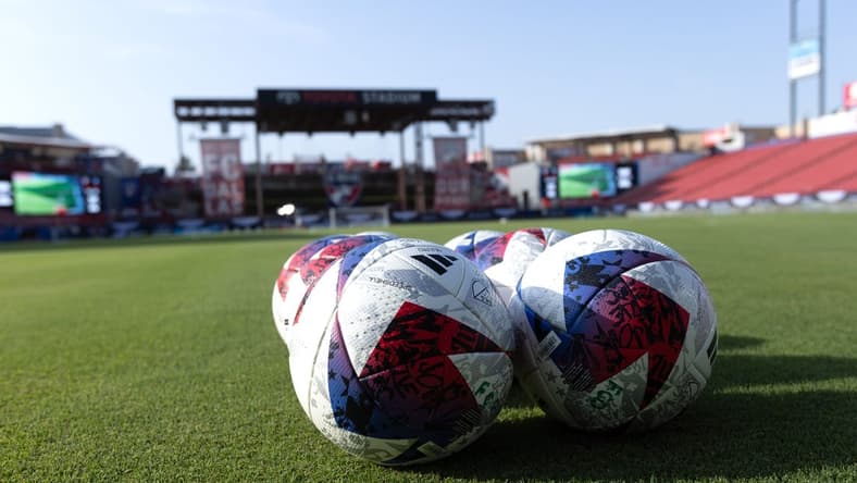 Jul 21, 2023; Frisco, TX, USA; A general view of soccer balls on the field before the match between Charlotte FC and FC Dallas at Toyota Stadium. Mandatory Credit: Tim Heitman-USA TODAY Sports