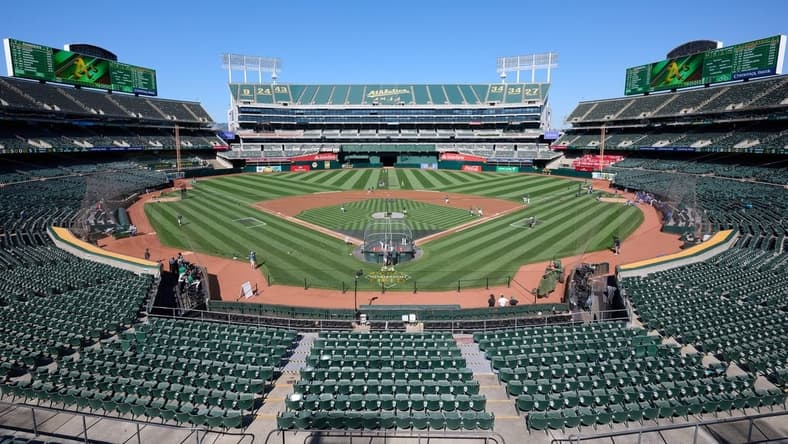Aug 7, 2023; Oakland, California, USA; A general view of Oakland-Alameda County Coliseum before a game between the Oakland Athletics and the Texas Rangers. Mandatory Credit: Robert Edwards-USA TODAY Sports