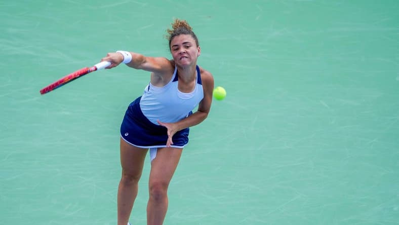 Jasmine Paolini of Italy makes a hit to Coco Gauff of the U.S. during the quarterfinals of the Western & Southern Open at the Lindner Family Tennis Center in Mason Friday, August, 18, 2023
