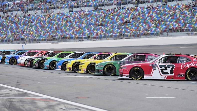 Aug 25, 2023; Daytona Beach, Florida, USA; A general view of cars on the grid prior to the start of the NASCAR Xfinity Series Wawa 250 at Daytona International Speedway. Mandatory Credit: David Yeazell-USA TODAY Sports