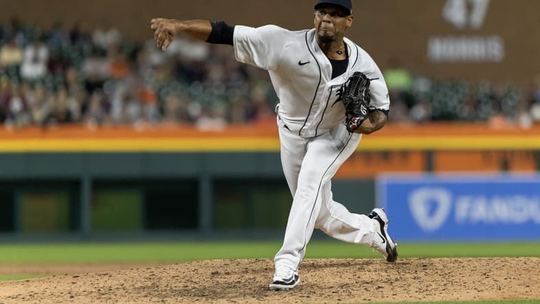Aug 26, 2023; Detroit, Michigan, USA; Detroit Tigers relief pitcher Jose Cisnero (67) pitches in the eighth inning against the Houston Astros at Comerica Park. Mandatory Credit: David Reginek-USA TODAY Sports