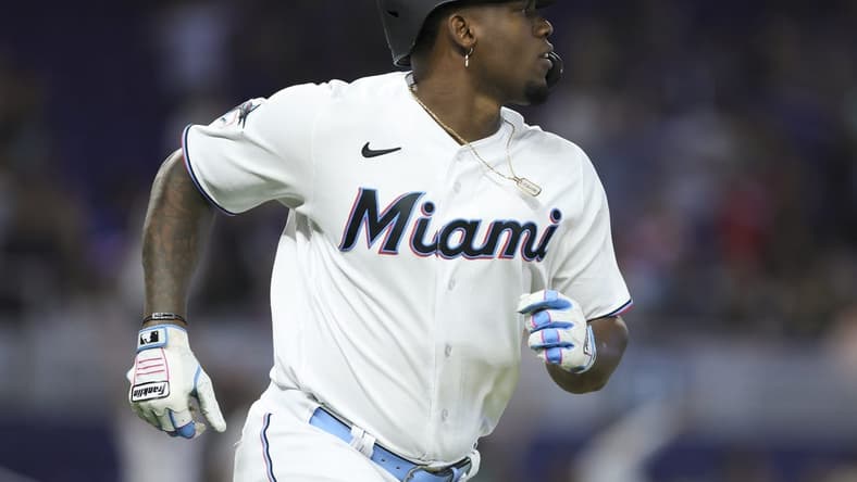 Aug 27, 2023; Miami, Florida, USA; Miami Marlins designated hitter Jorge Soler (12) circles the bases after hitting a two-run home run against the Washington Nationals during the third inning at loanDepot Park. Mandatory Credit: Sam Navarro-USA TODAY Sports