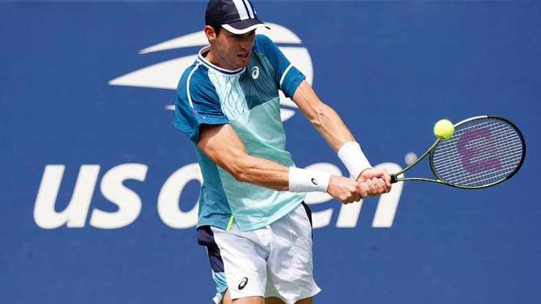 Aug 29, 2023; Flushing, NY, USA; Nicolas Jarry of Chile hits a shot against Luca Van Assche of France on day two of the 2023 U.S. Open tennis tournament at the USTA Billie Jean King National Tennis Center. Mandatory Credit: Jerry Lai-USA TODAY Sports
