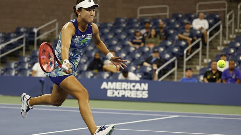 Sep 1, 2023; Flushing, NY, USA; Lin Zhu of China reaches for a forehand against Belinda Bencic of Switzerland (not pictured) on day five of the 2023 U.S. Open tennis tournament at USTA Billie Jean King National Tennis Center. Mandatory Credit: Geoff Burke-USA TODAY Sports