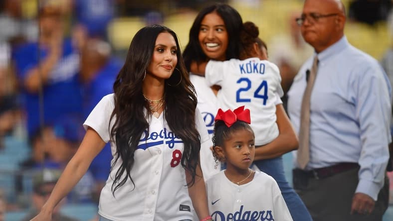 September 1, 2023; Los Angeles, California, USA; Vanessa Bryant, wife of former Los Angeles Lakers player Kobe Bryant in attendance with daughters Natalia, Bianka and Capri in attendance at Dodger Stadium. Mandatory Credit: Gary A. Vasquez-USA TODAY Sports