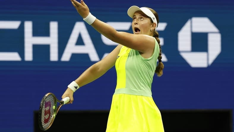 Sep 3, 2023; Flushing, NY, USA; Jelena Ostapenko of Latvia serves against Iga Swiatek of Poland (not pictured) on day seven of the 2023 U.S. Open tennis tournament at USTA Billie Jean King National Tennis Center. Mandatory Credit: Geoff Burke-USA TODAY Sports