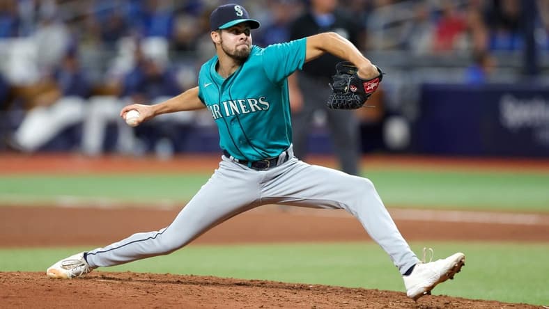 Sep 7, 2023; St. Petersburg, Florida, USA; Seattle Mariners relief pitcher Matt Brash (47) throws a pitch against the Tampa Bay Rays in the eighth inning at Tropicana Field. Mandatory Credit: Nathan Ray Seebeck-USA TODAY Sports