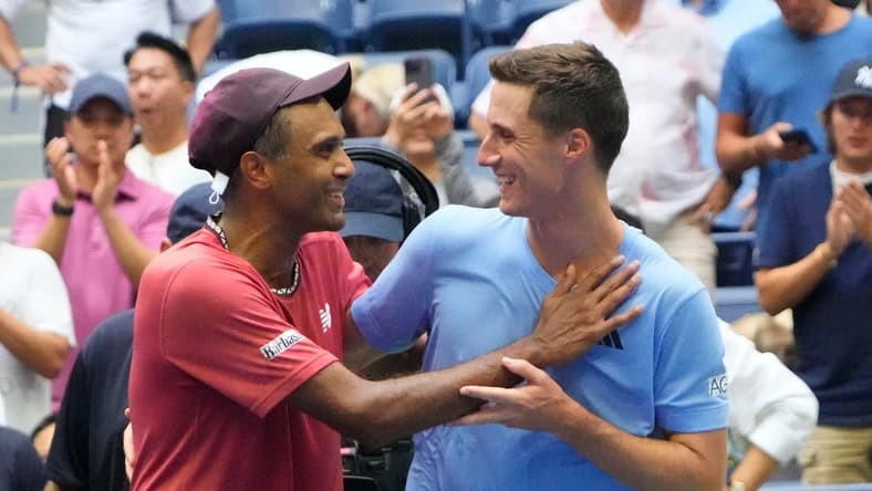 Sept 8, 2023; Flushing, NY, USA; Rajeev Ram of the USA and Joe Salisbury of Great Britain celebrate after beating Rohan Bopanna of India and Matthew Ebden of Australia in the men s doubles final on day twelve of the 2023 U.S. Open tennis tournament at USTA Billie Jean King National Tennis Center. Mandatory Credit: Robert Deutsch-USA TODAY Sports