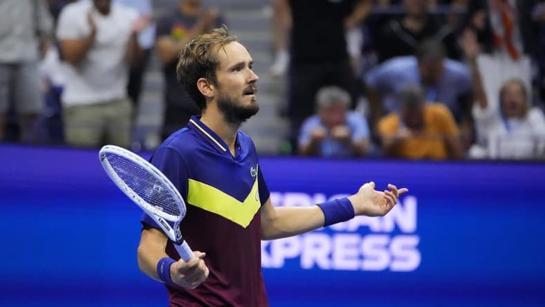 Sep 10, 2023; Flushing, NY, USA; Daniil Medvedev reacts after winning a point against Novak Djokovic of Serbia (not pictured) in the men's singles final on day fourteen of the 2023 U.S. Open tennis tournament at USTA Billie Jean King National Tennis Center. Mandatory Credit: Robert Deutsch-USA TODAY Sports