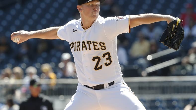 Sep 14, 2023; Pittsburgh, Pennsylvania, USA; Pittsburgh Pirates starting pitcher Mitch Keller (23) pitches against the Washington Nationals during the eighth inning at PNC Park. Pittsburgh won 2-0. Mandatory Credit: Charles LeClaire-USA TODAY Sports
