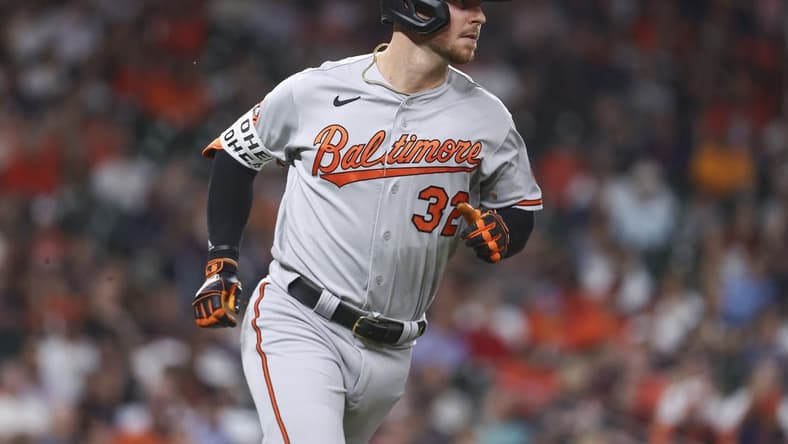 Sep 18, 2023; Houston, Texas, USA; Baltimore Orioles first baseman Ryan O'Hearn (32) runs to first base on a single during the third inning against the Houston Astros at Minute Maid Park. Mandatory Credit: Troy Taormina-USA TODAY Sports