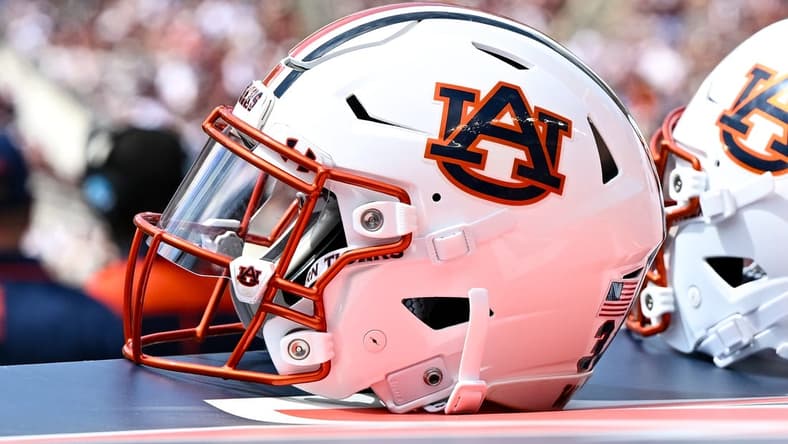 Sep 23, 2023; College Station, Texas, USA; A detailed view of an Auburn Tigers helmet on the sideline of the game against the Texas A&M Aggies at Kyle Field. Mandatory Credit: Maria Lysaker-USA TODAY Sports