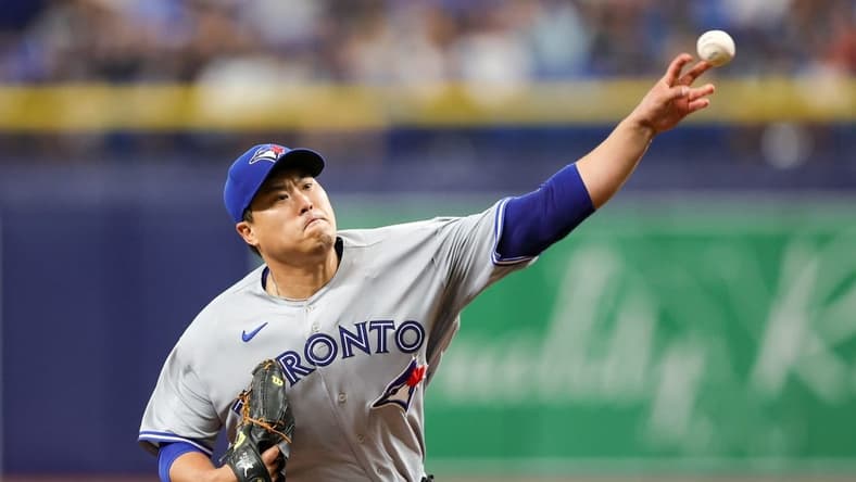 Sep 23, 2023; St. Petersburg, Florida, USA;  Toronto Blue Jays starting pitcher Hyun Jin Ryu (99) throws a pitch against the Tampa Bay Rays in the fifth inning at Tropicana Field. Mandatory Credit: Nathan Ray Seebeck-USA TODAY Sports