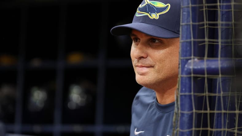 Oct 3, 2023; St. Petersburg, Florida, USA; Tampa Bay Rays manager Kevin Cash (16) looks on against the Texas Rangers in the first inning during game one of the Wildcard series for the 2023 MLB playoffs at Tropicana Field. Mandatory Credit: Kim Klement Neitzel-USA TODAY Sports