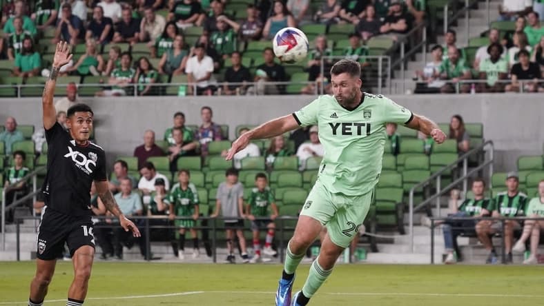 Oct 4, 2023; Austin, Texas, USA; Austin FC forward Will Bruin (29) heads the ball to score a goal against D.C. United in the first half at Q2 Stadium. Mandatory Credit: Scott Wachter-USA TODAY Sports