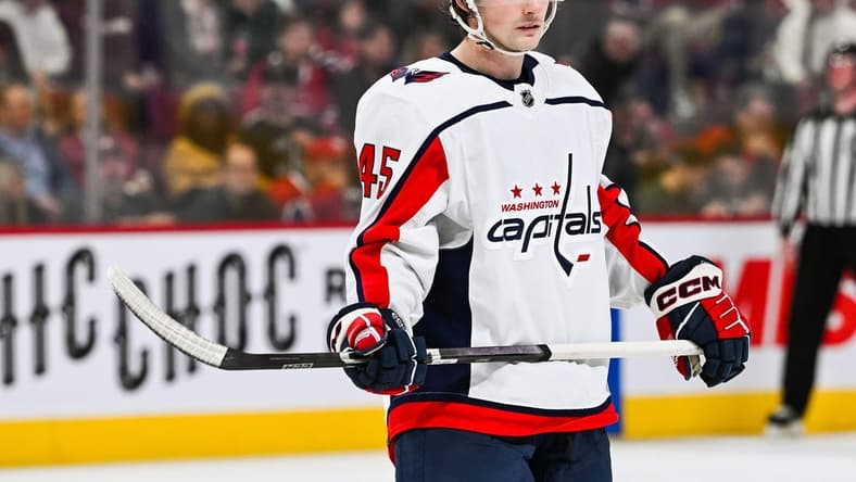 Oct 21, 2023; Montreal, Quebec, CAN; Washington Capitals right wing Matthew Phillips (45) against the Montreal Canadiens during the third period at Bell Centre. Mandatory Credit: David Kirouac-USA TODAY Sports