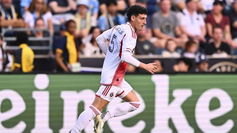 Oct 28, 2023; Philadelphia, PA, USA; New England Revolution forward Tomas Chancalay (5) controls the ball against the Philadelphia Union during the first half in game one in a round one match of the 2023 MLS Cup Playoffs at Subaru Park. Mandatory Credit: Kyle Ross-USA TODAY Sports