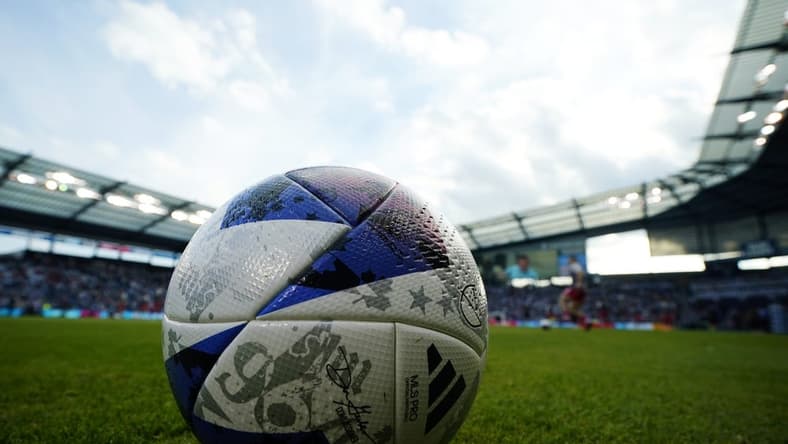 Nov 5, 2023; Kansas City, KS, USA; General view of a game ball before the match between Sporting Kansas City and St. Louis City SC of game two in a round one match of the 2023 MLS Cup Playoffs at Children's Mercy Park. Mandatory Credit: Jay Biggerstaff-USA TODAY Sports